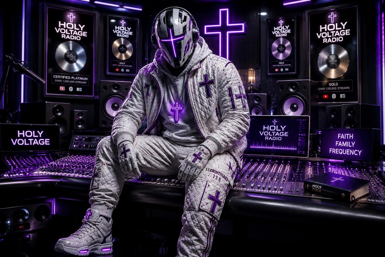 Holy Voltage Radio artist in a purple-lit recording studio.