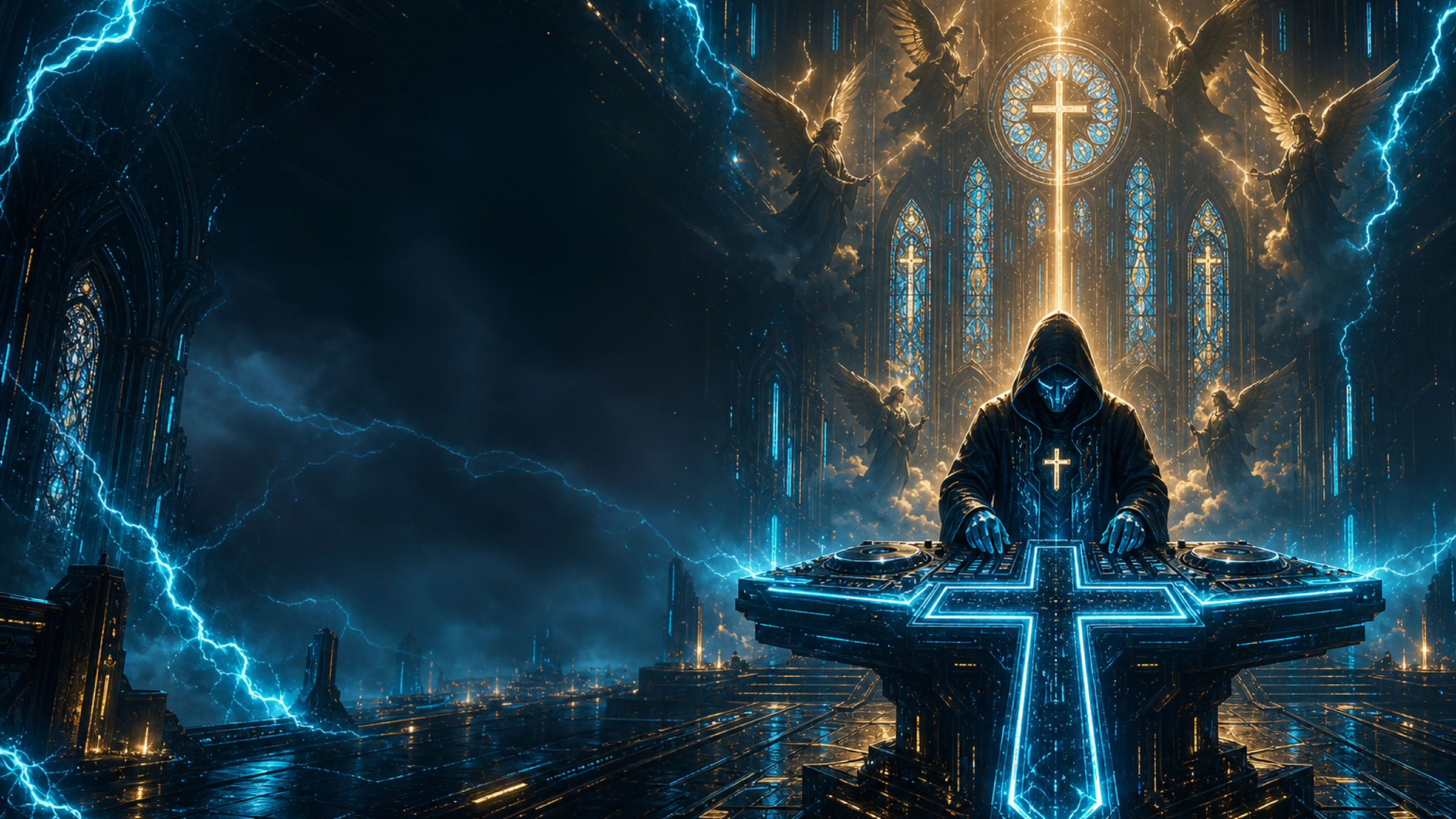 Holy Voltage visual world with cyber cathedral and worship energy
