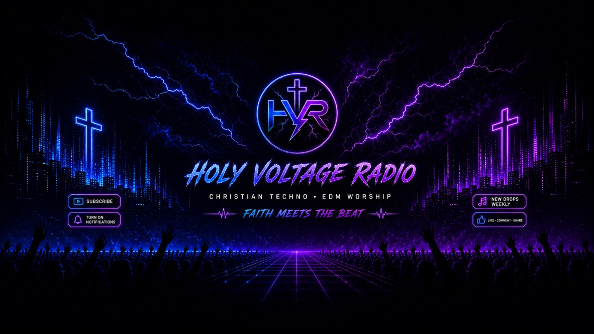 Holy Voltage Radio blue and purple neon brand banner