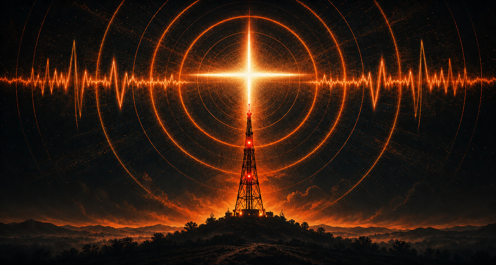 A Holy Voltage radio tower broadcasting an orange cross-shaped signal across the night sky